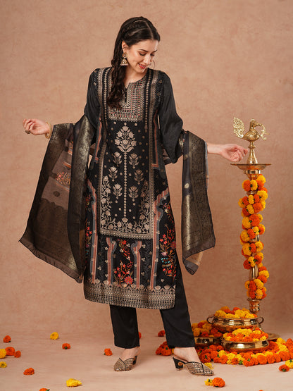 Ethnic Hand Embroidered Straight Fit Kurta with Pant and Woven Dupatta - Black