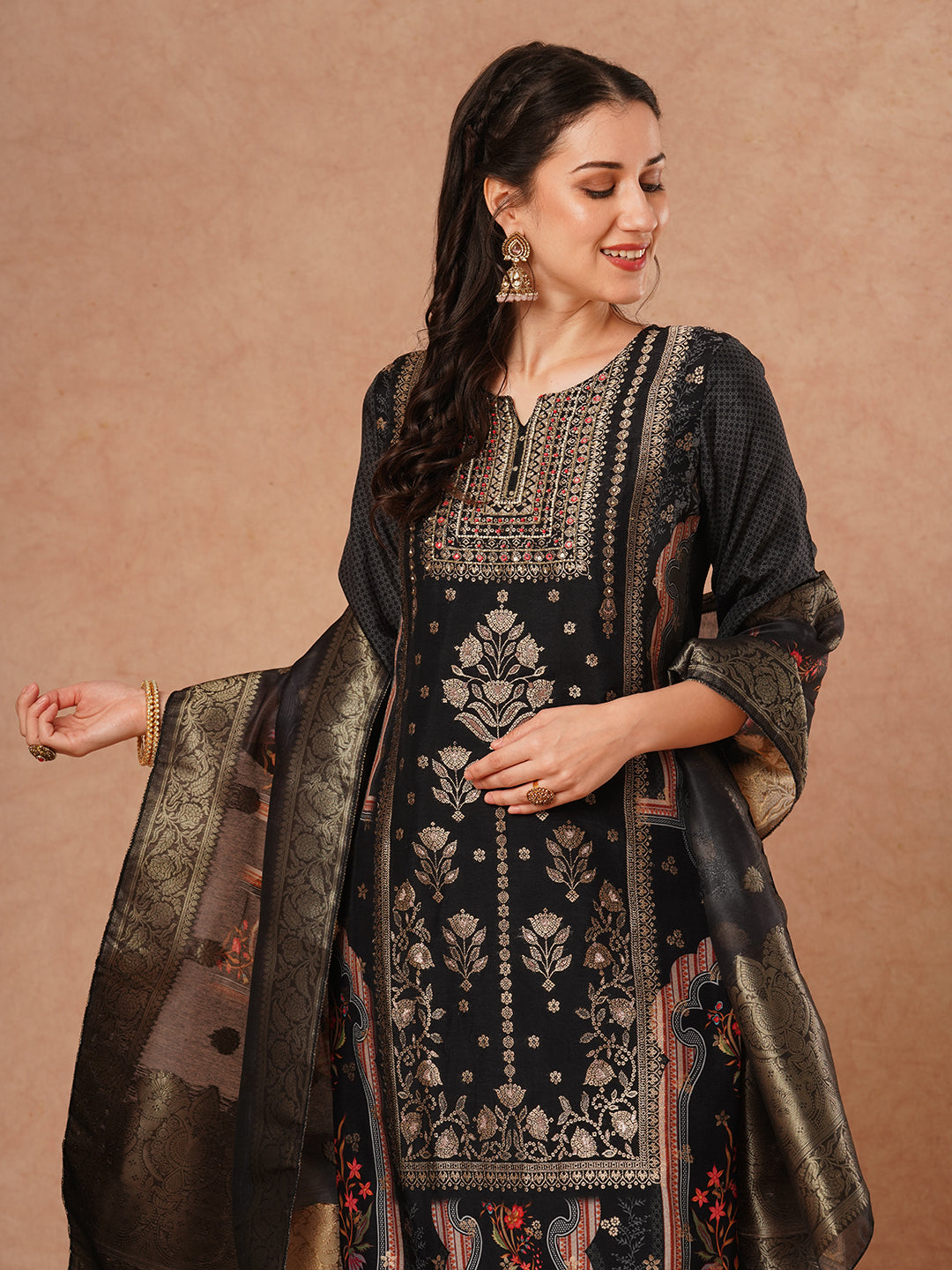 Ethnic Hand Embroidered Straight Fit Kurta with Pant and Woven Dupatta - Black