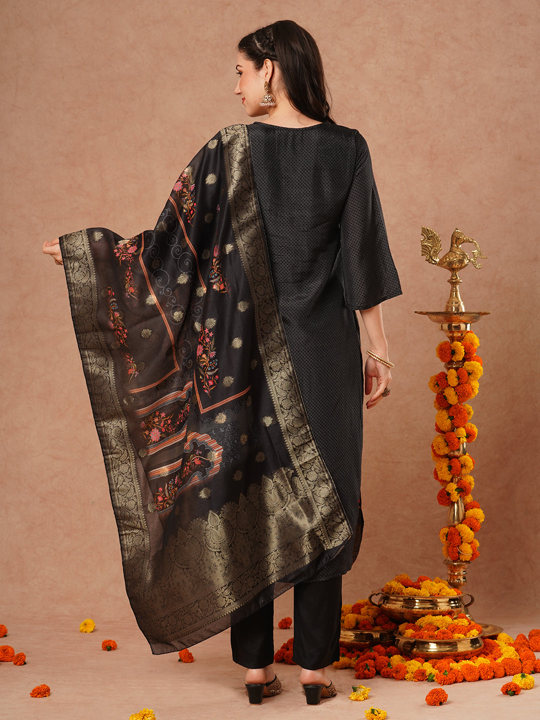 Ethnic Hand Embroidered Straight Fit Kurta with Pant and Woven Dupatta - Black