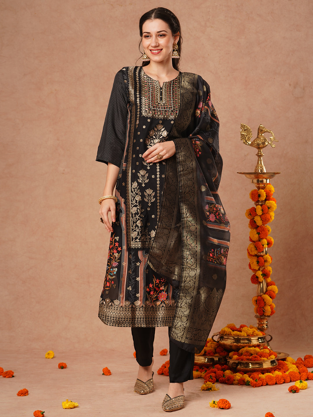 Ethnic Hand Embroidered Straight Fit Kurta with Pant and Woven Dupatta - Black