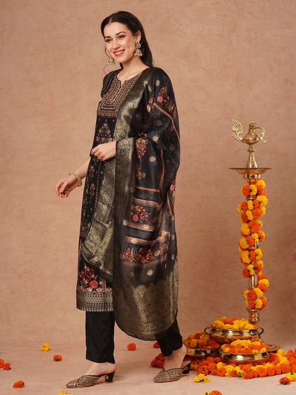 Ethnic Hand Embroidered Straight Fit Kurta with Pant and Woven Dupatta - Black