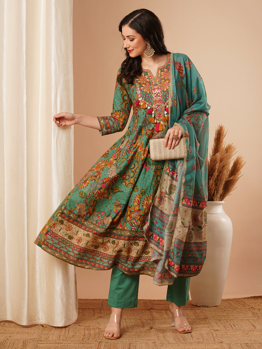 Ethnic Floral Printed & Embroidered Anarkali Kurta with Pant & Dupatta - Green