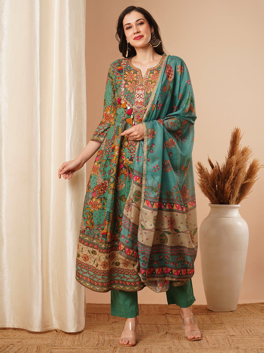 Ethnic Floral Printed & Embroidered Anarkali Kurta with Pant & Dupatta - Green