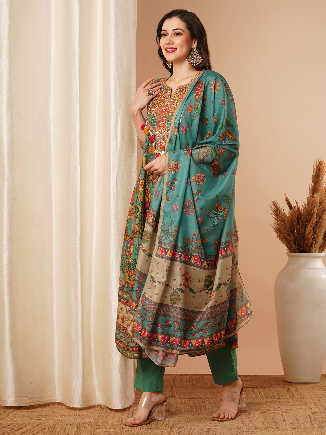 Ethnic Floral Printed & Embroidered Anarkali Kurta with Pant & Dupatta - Green