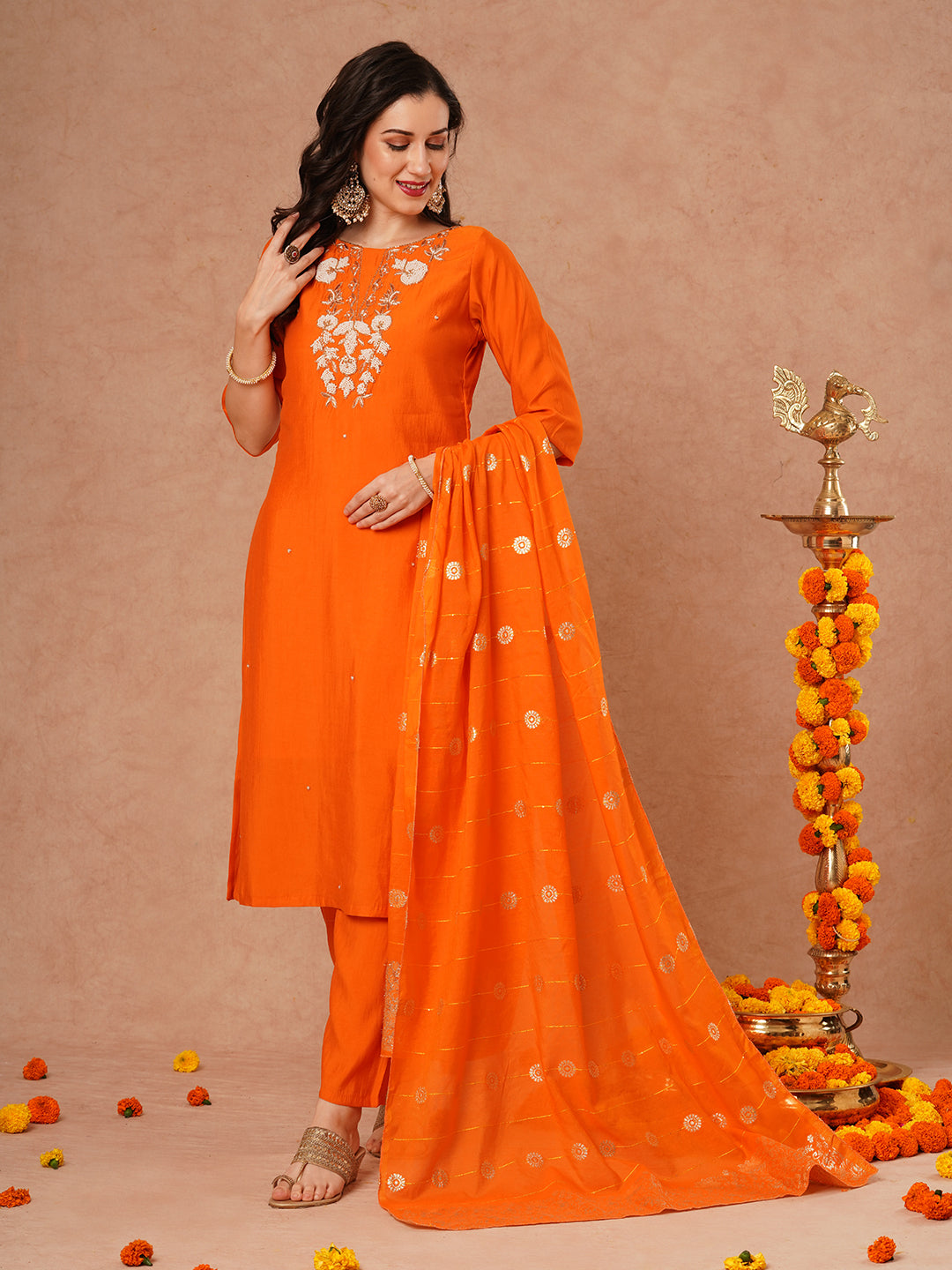 Solid Floral Hand Embroidered Straight Fit Kurta with Pant and Dupatta - Orange