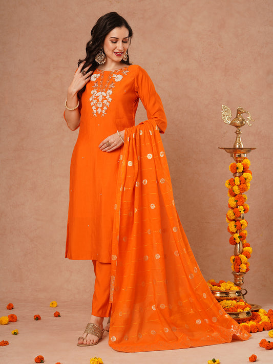 Solid Floral Hand Embroidered Straight Fit Kurta with Pant and Dupatta - Orange