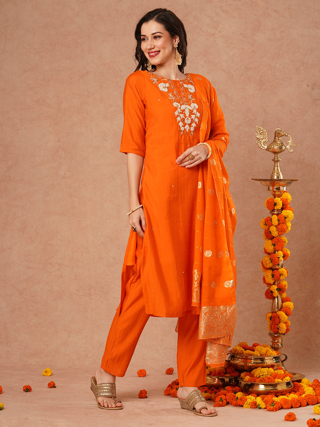 Solid Floral Hand Embroidered Straight Fit Kurta with Pant and Dupatta - Orange