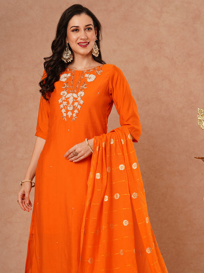 Solid Floral Hand Embroidered Straight Fit Kurta with Pant and Dupatta - Orange