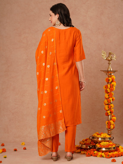 Solid Floral Hand Embroidered Straight Fit Kurta with Pant and Dupatta - Orange