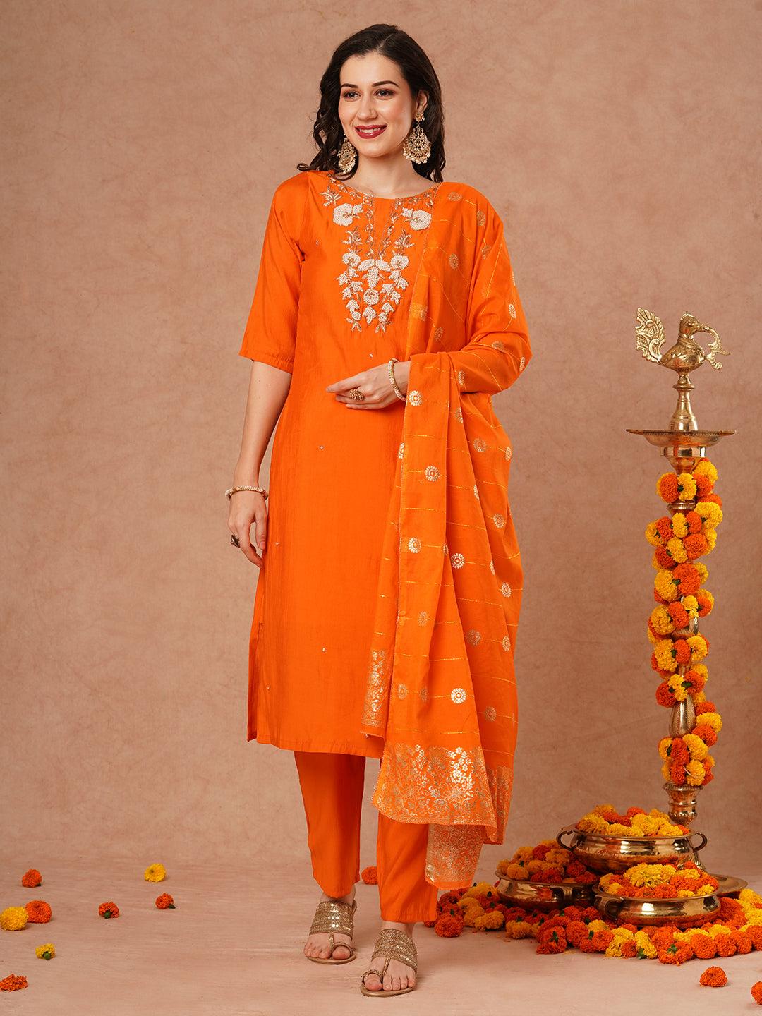 Solid Floral Hand Embroidered Straight Fit Kurta with Pant and Dupatta - Orange