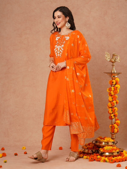 Solid Floral Hand Embroidered Straight Fit Kurta with Pant and Dupatta - Orange