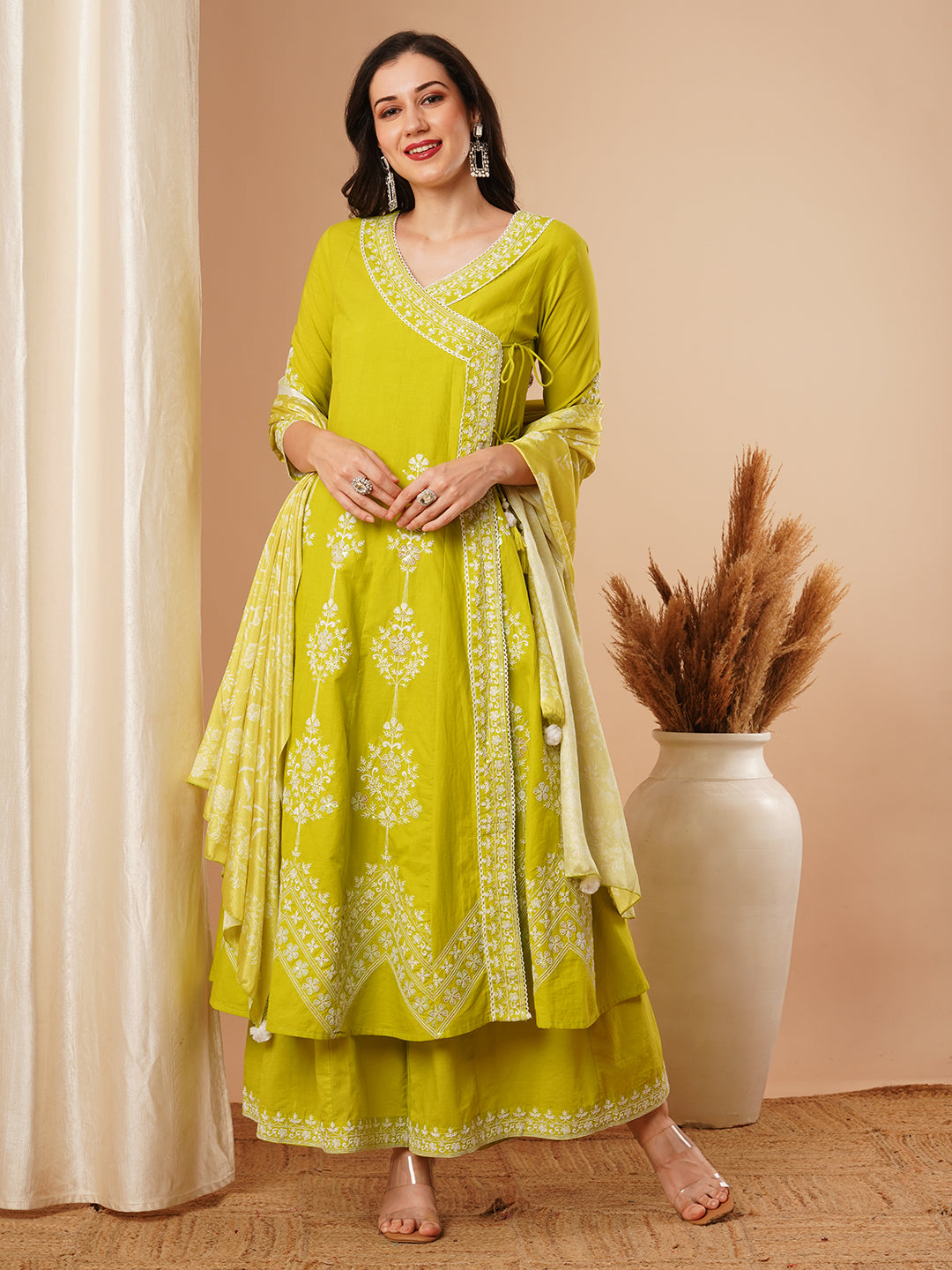 Solid Floral Embroidered Angrakha Kurta with Flared Palazzo & Dupatta - Lime Green