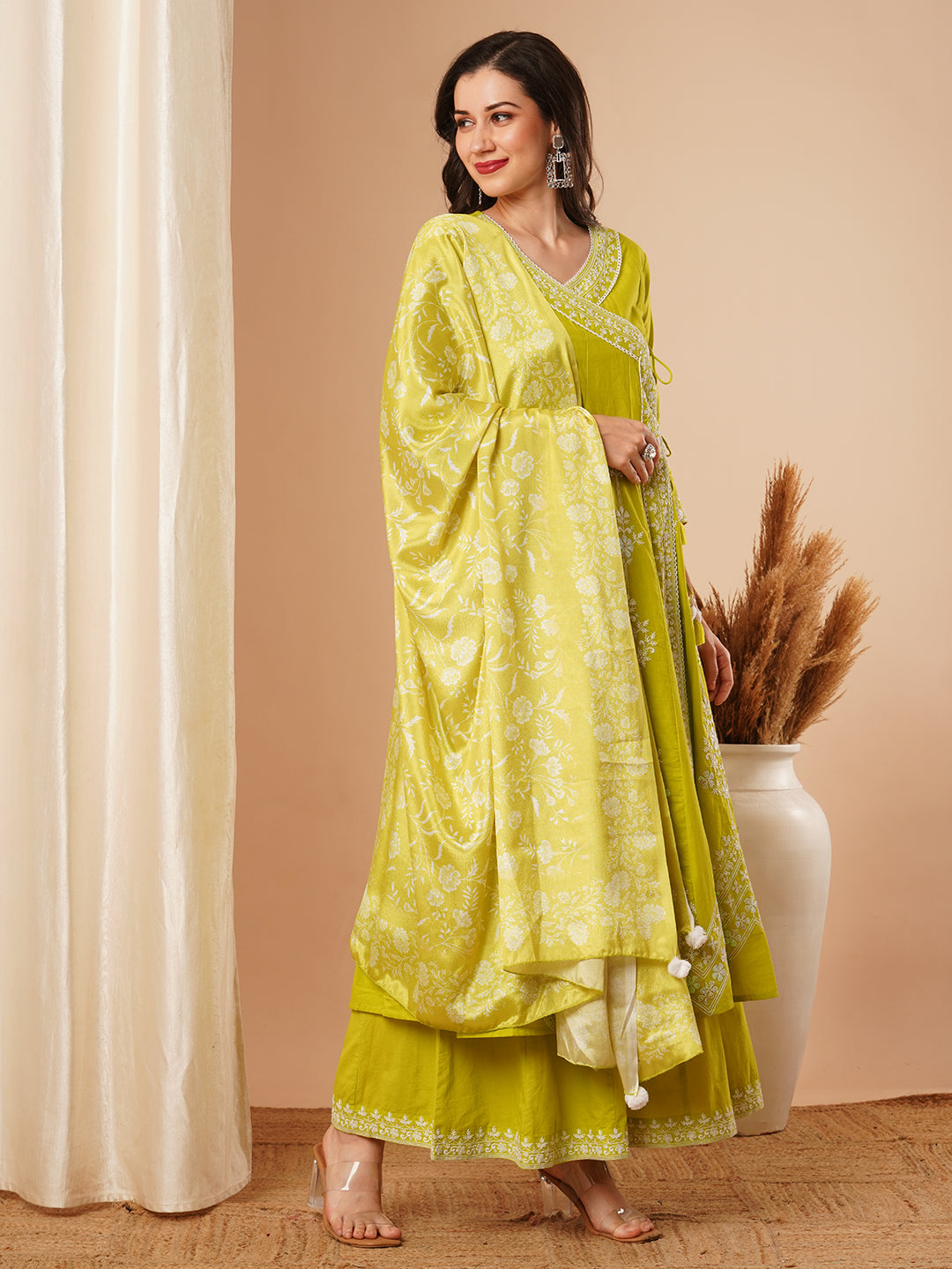 Solid Floral Embroidered Angrakha Kurta with Flared Palazzo & Dupatta - Lime Green