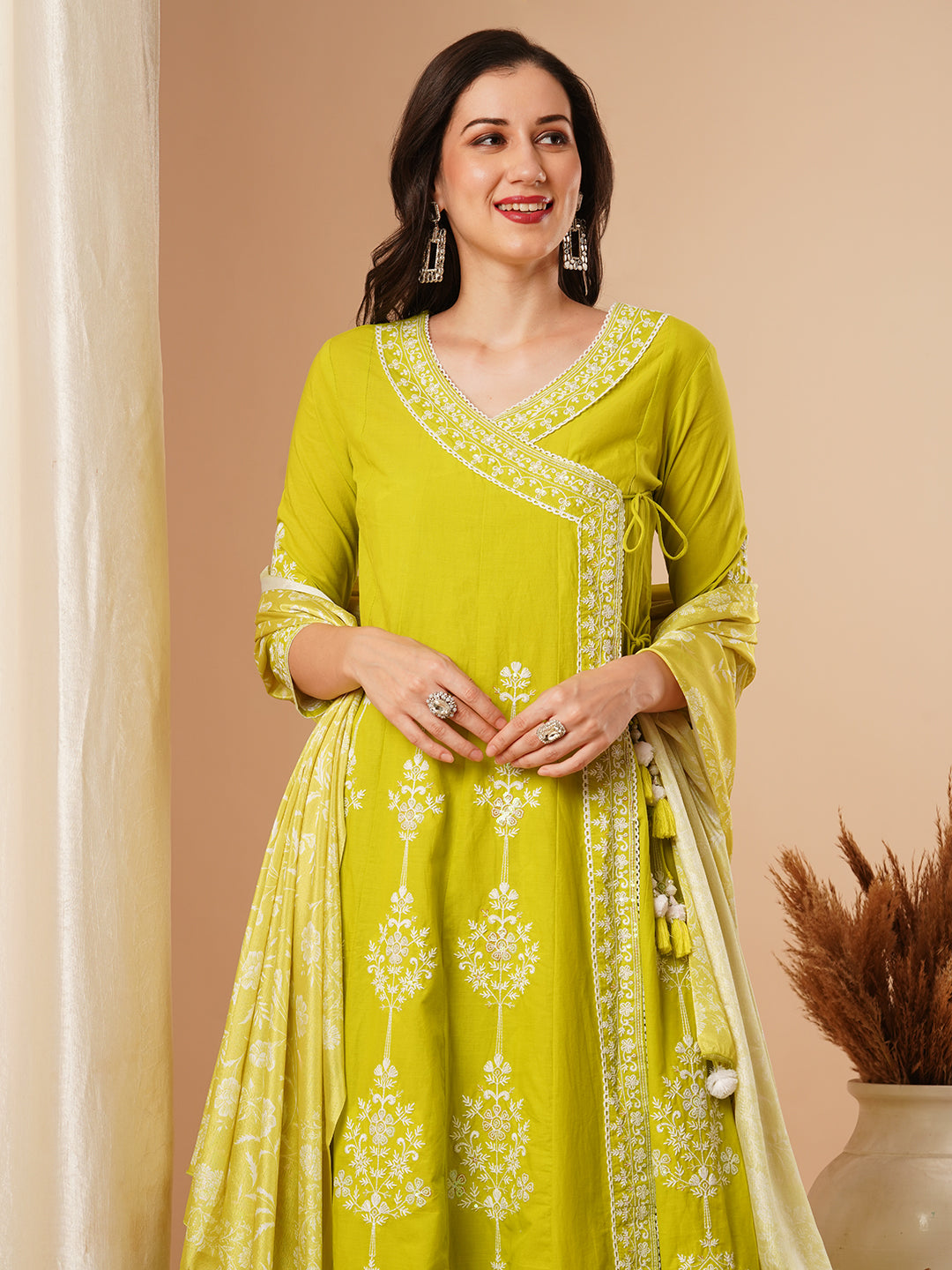 Solid Floral Embroidered Angrakha Kurta with Flared Palazzo & Dupatta - Lime Green