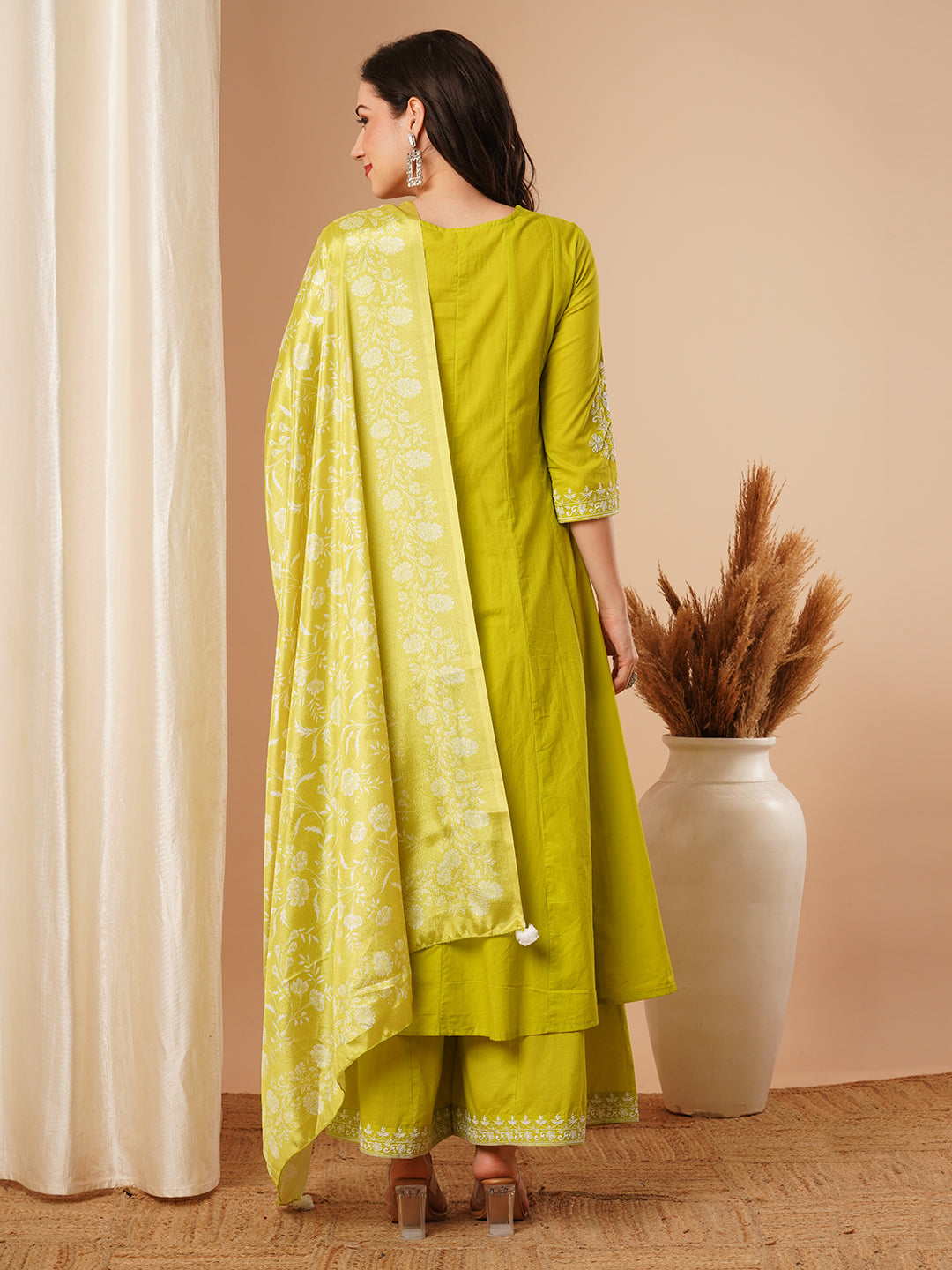 Solid Floral Embroidered Angrakha Kurta with Flared Palazzo & Dupatta - Lime Green