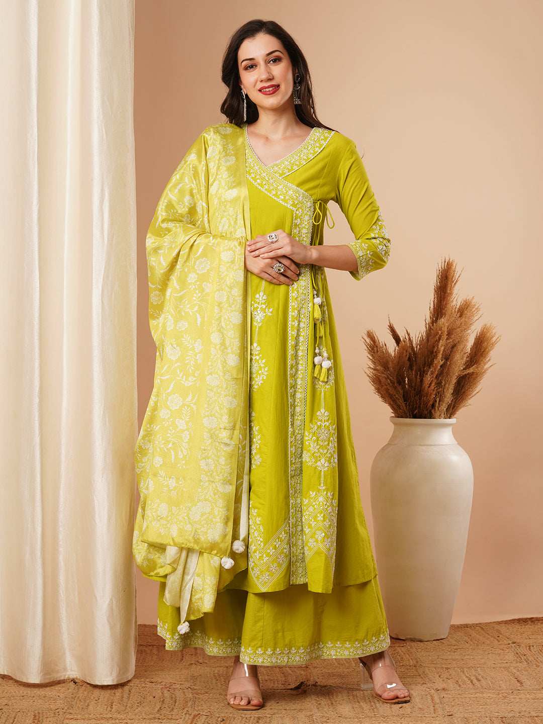 Solid Floral Embroidered Angrakha Kurta with Flared Palazzo & Dupatta - Lime Green