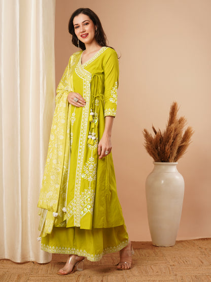 Solid Floral Embroidered Angrakha Kurta with Flared Palazzo & Dupatta - Lime Green