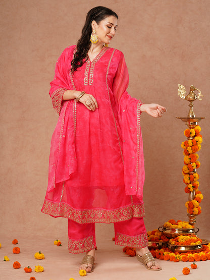 Abstract Floral Printed Embroidered A-Line Kurta with Pant and Dupatta - Pink