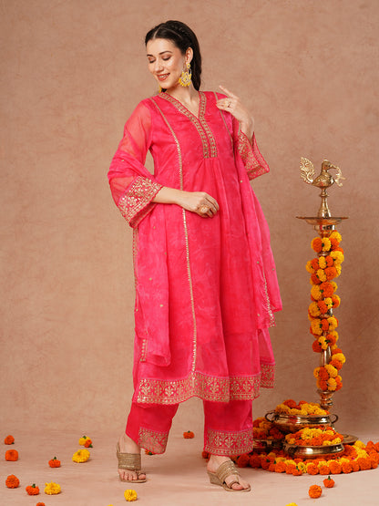 Abstract Floral Printed Embroidered A-Line Kurta with Pant and Dupatta - Pink