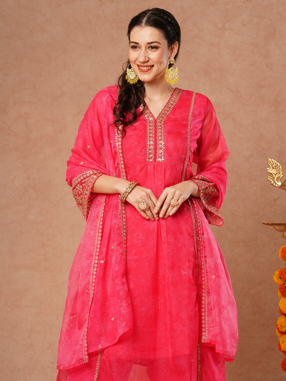 Abstract Floral Printed Embroidered A-Line Kurta with Pant and Dupatta - Pink