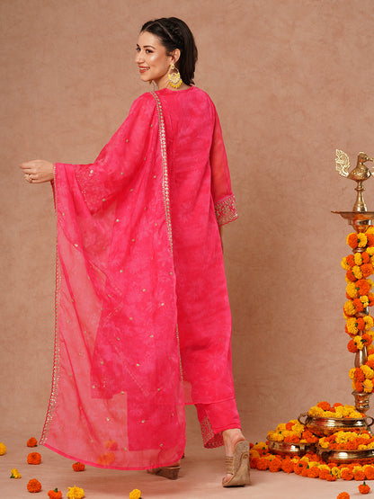 Abstract Floral Printed Embroidered A-Line Kurta with Pant and Dupatta - Pink