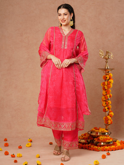 Abstract Floral Printed Embroidered A-Line Kurta with Pant and Dupatta - Pink