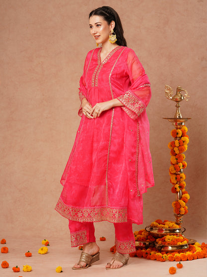 Abstract Floral Printed Embroidered A-Line Kurta with Pant and Dupatta - Pink