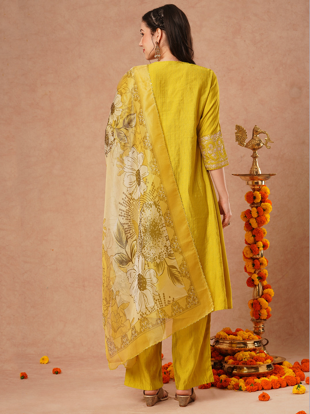 Solid Floral Zari Embroidered A-Line Kurta with Pant & Dupatta - Lime Green