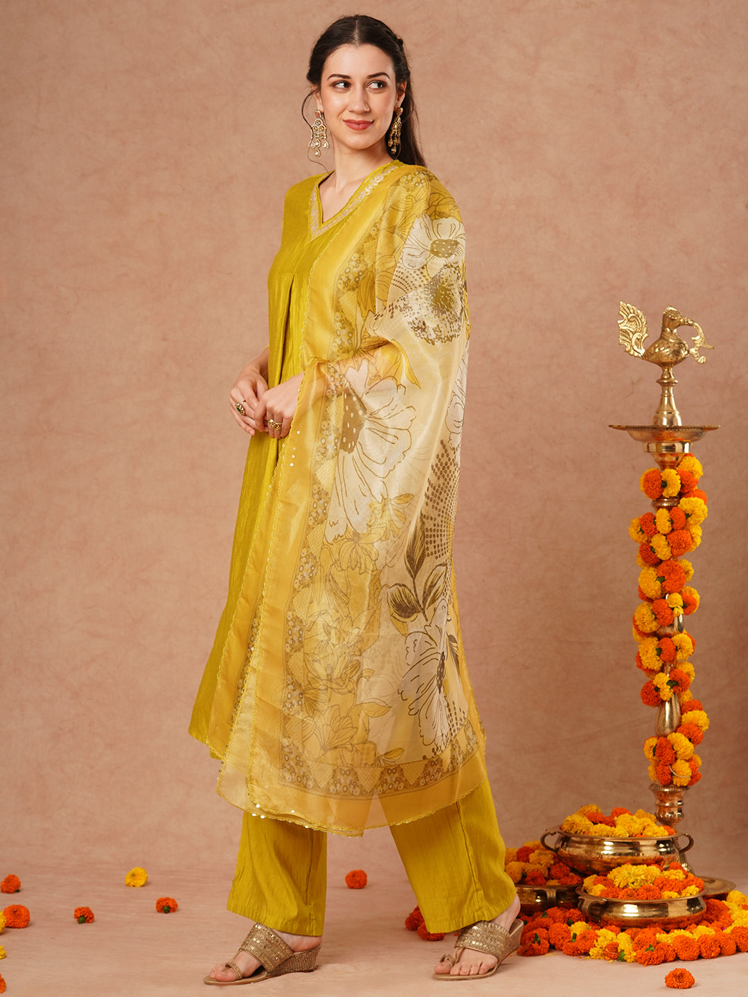 Solid Floral Zari Embroidered A-Line Kurta with Pant & Dupatta - Lime Green