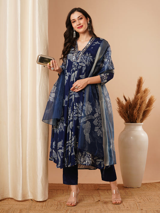 Abstract Floral Printed & Hand Embroidered A-Line Kurta with Pant & Dupatta - Blue