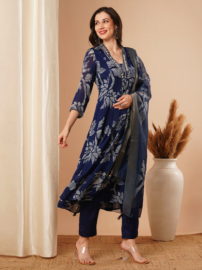 Abstract Floral Printed & Hand Embroidered A-Line Kurta with Pant & Dupatta - Blue