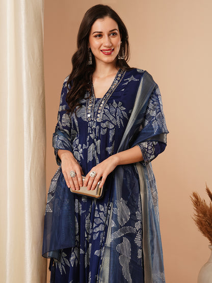 Abstract Floral Printed & Hand Embroidered A-Line Kurta with Pant & Dupatta - Blue