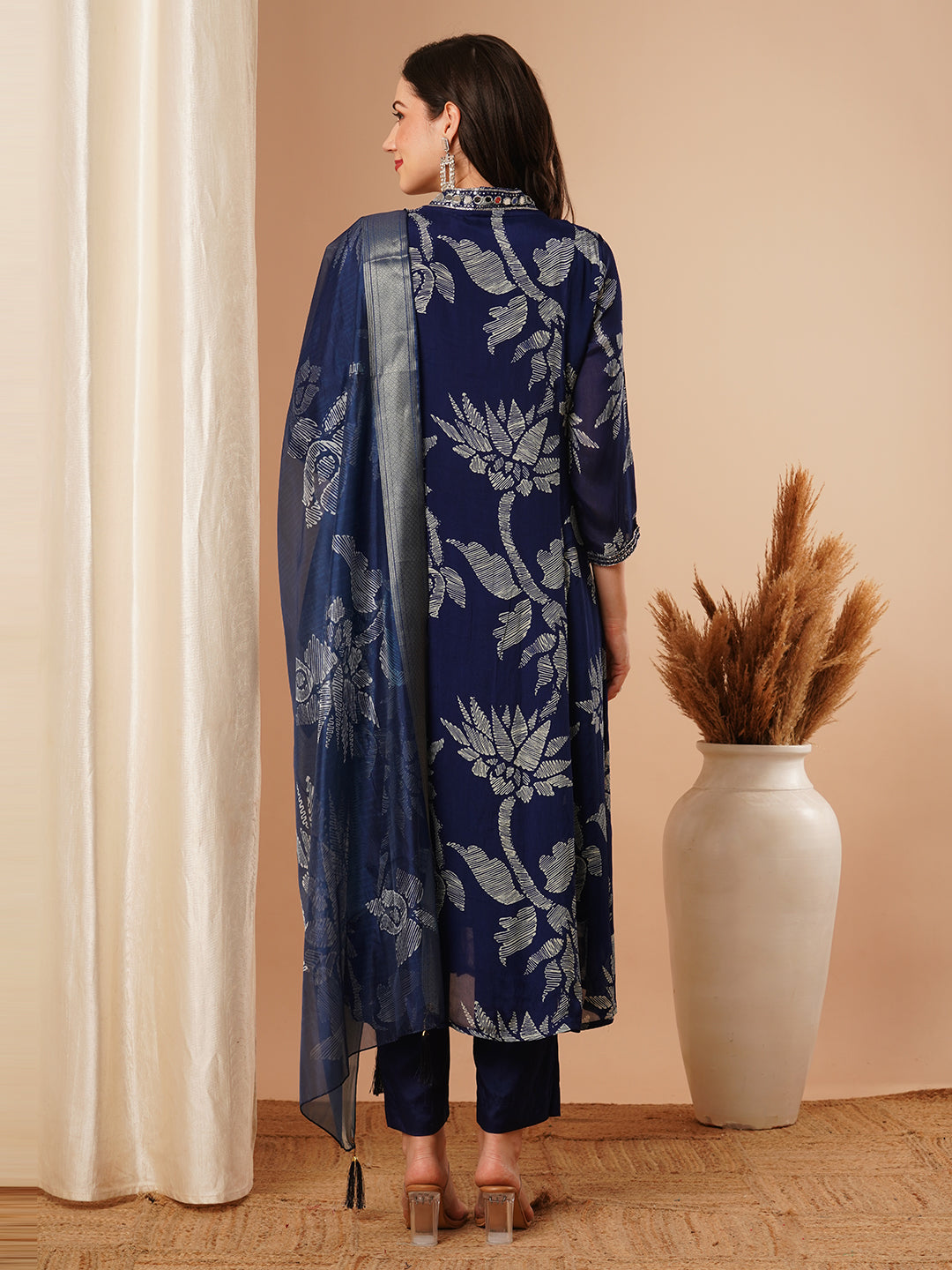 Abstract Floral Printed & Hand Embroidered A-Line Kurta with Pant & Dupatta - Blue