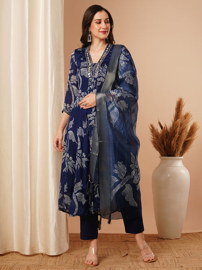 Abstract Floral Printed & Hand Embroidered A-Line Kurta with Pant & Dupatta - Blue