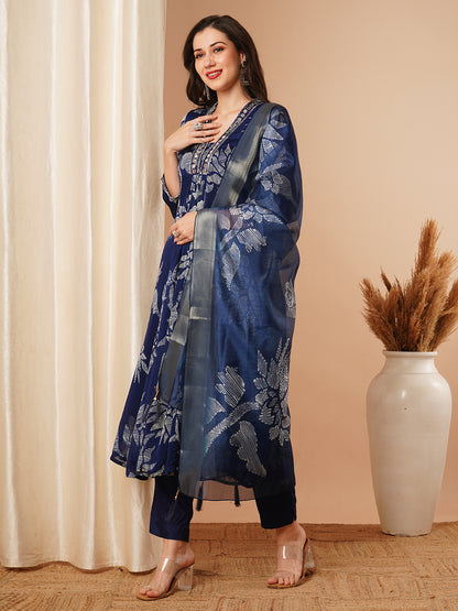 Abstract Floral Printed & Hand Embroidered A-Line Kurta with Pant & Dupatta - Blue