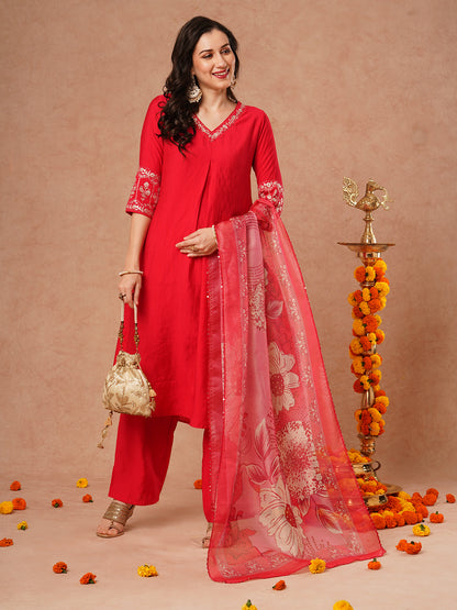 Solid Floral Zari Embroidered A-Line Kurta with Pant & Dupatta - Pink