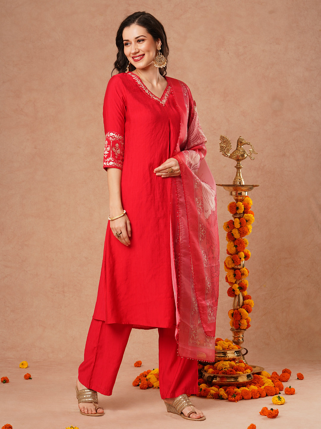 Solid Floral Zari Embroidered A-Line Kurta with Pant & Dupatta - Pink