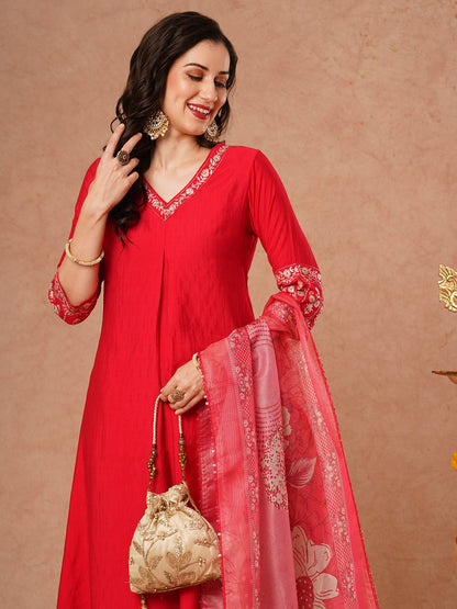 Solid Floral Zari Embroidered A-Line Kurta with Pant & Dupatta - Pink