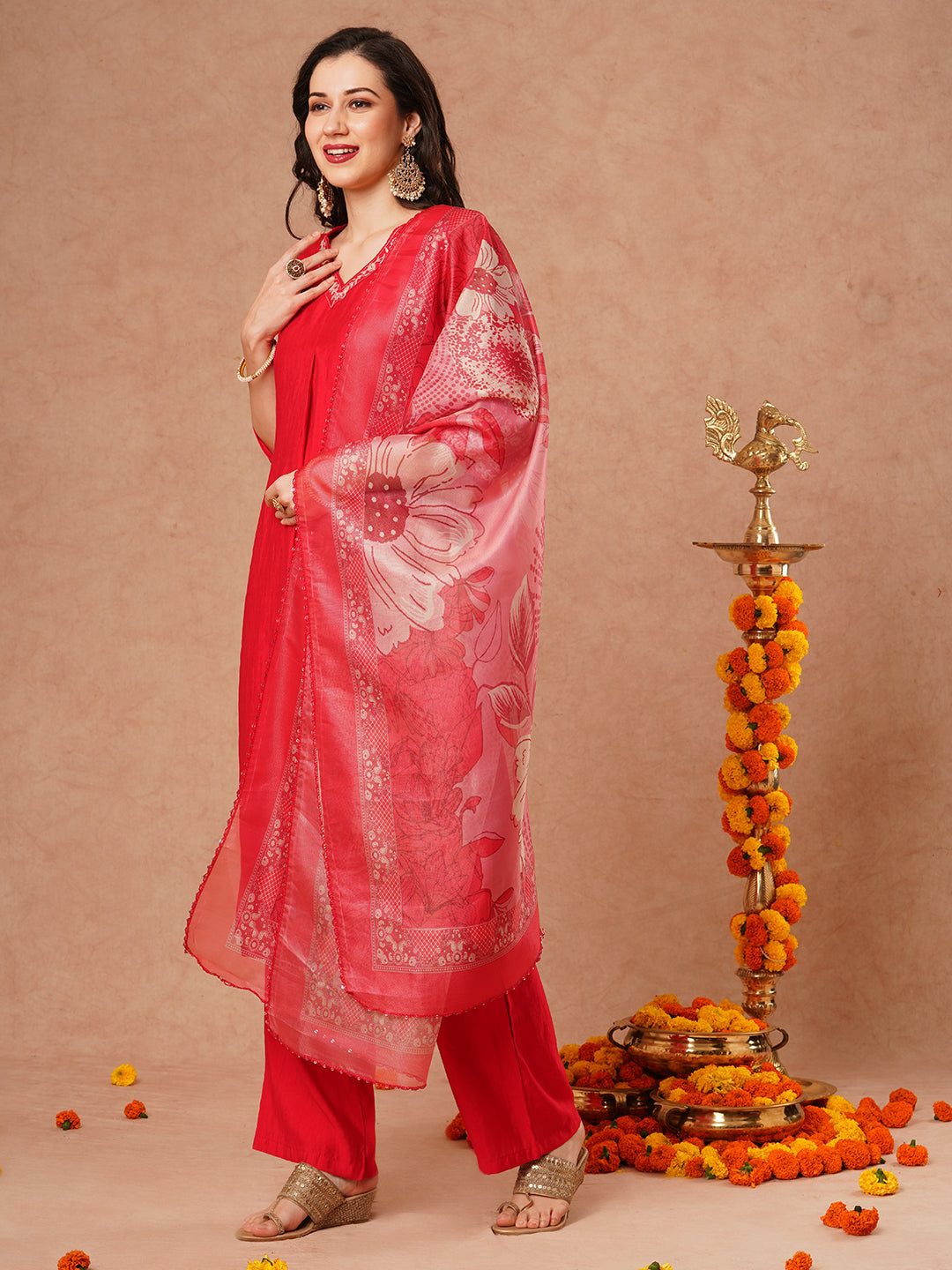 Solid Floral Zari Embroidered A-Line Kurta with Pant & Dupatta - Pink