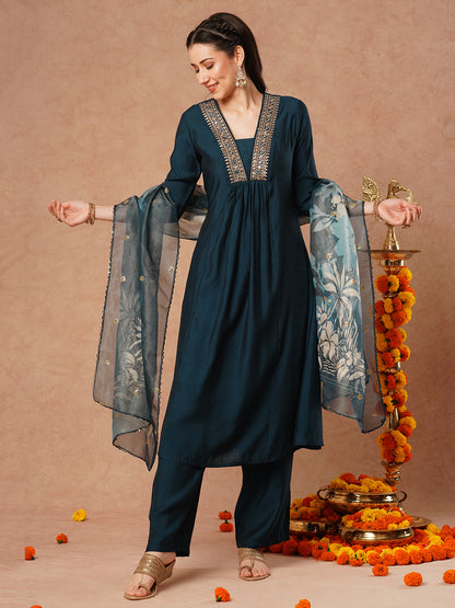 Solid Ethnic Embroidered A-Line Kurta with Pant & Printed Tissue Dupatta - Teal Blue