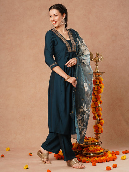 Solid Ethnic Embroidered A-Line Kurta with Pant & Printed Tissue Dupatta - Teal Blue