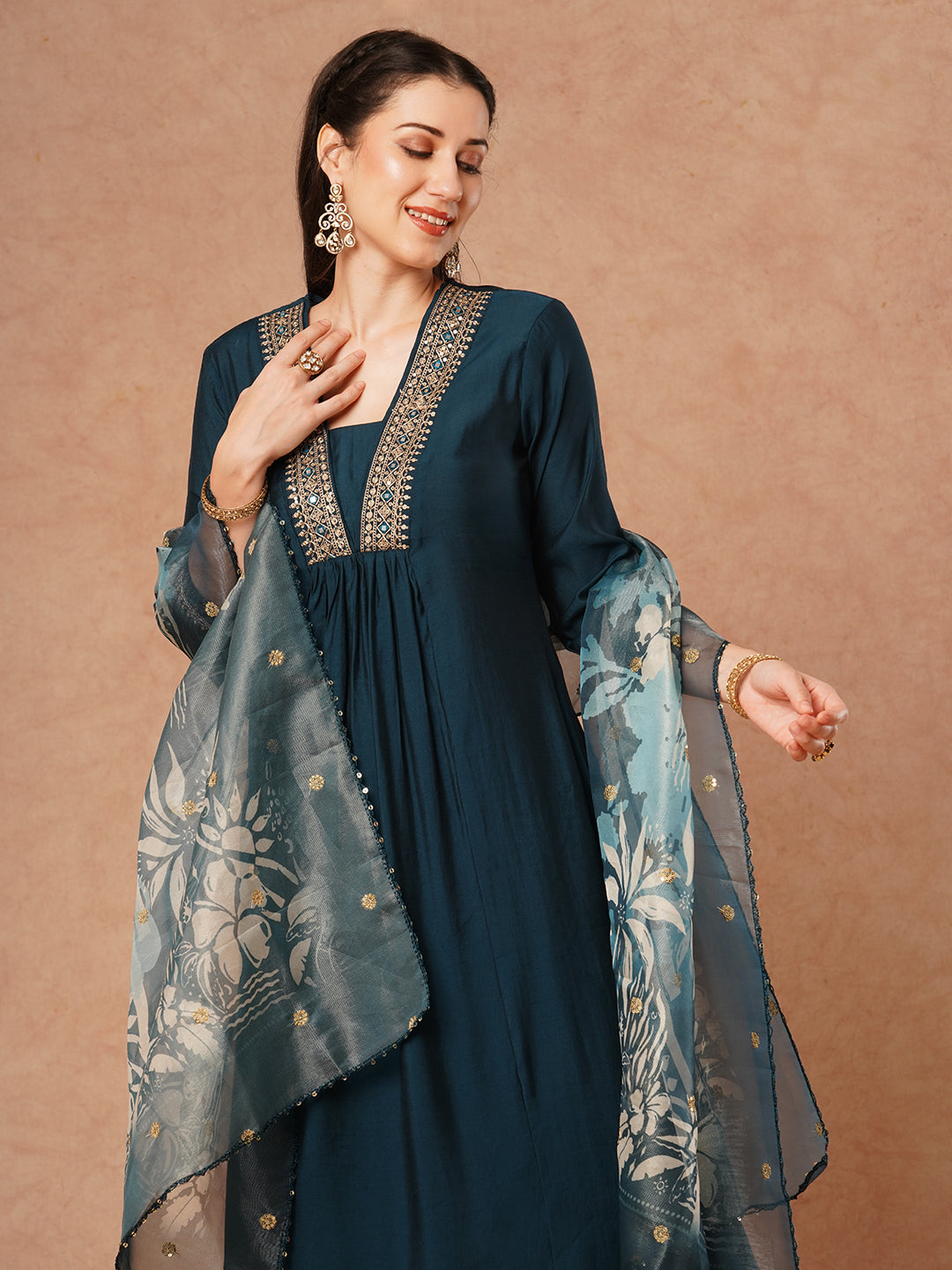 Solid Ethnic Embroidered A-Line Kurta with Pant & Printed Tissue Dupatta - Teal Blue