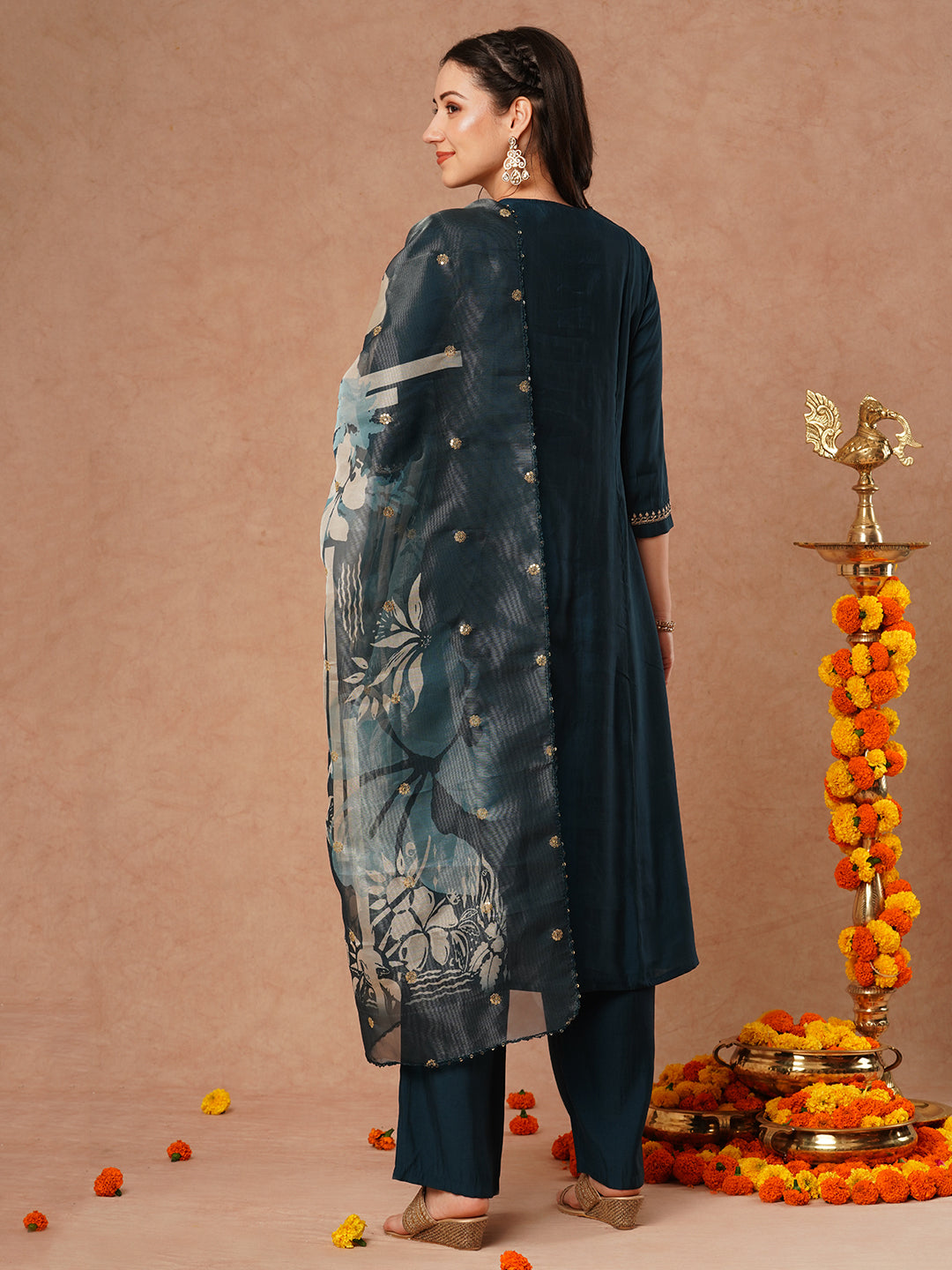 Solid Ethnic Embroidered A-Line Kurta with Pant & Printed Tissue Dupatta - Teal Blue