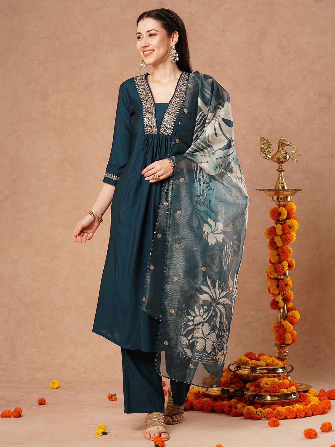 Solid Ethnic Embroidered A-Line Kurta with Pant & Printed Tissue Dupatta - Teal Blue