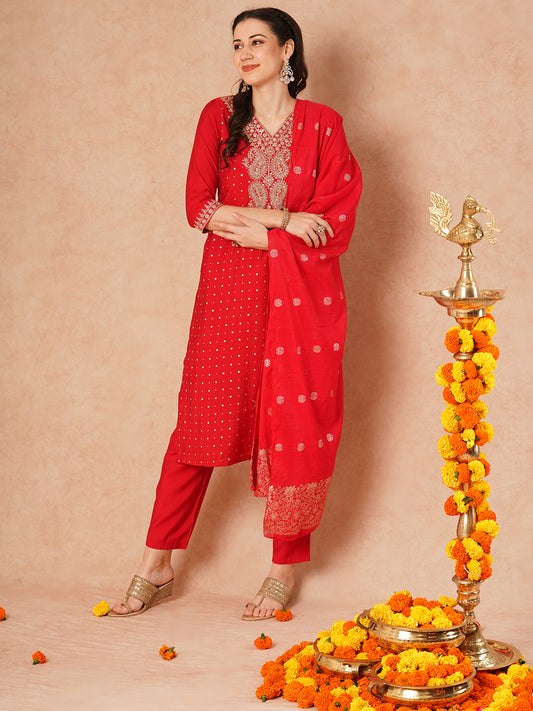 Solid Ethnic Hand Embroidered Straight Fit Kurta with Pant & Dupatta - Red