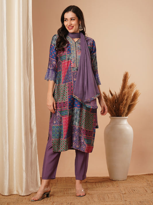 Ethnic Printed & Embroidered Straight Fit Kurta with Pant & Dupatta - Purple