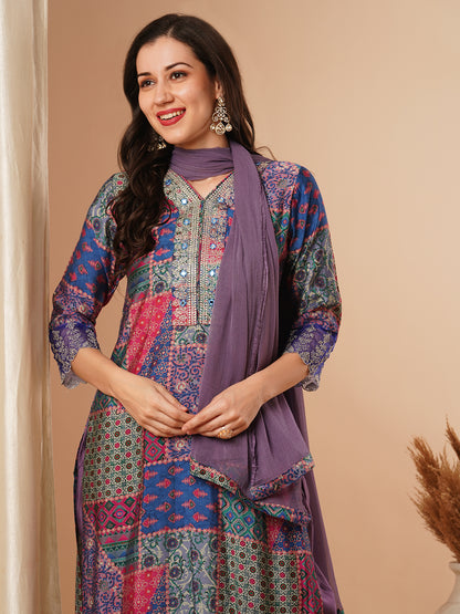 Ethnic Printed & Embroidered Straight Fit Kurta with Pant & Dupatta - Purple