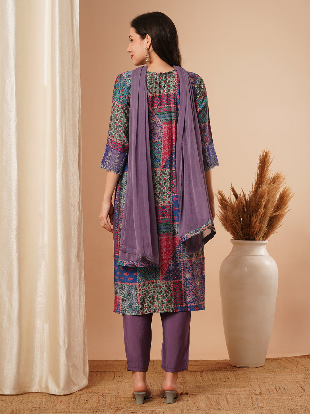 Ethnic Printed & Embroidered Straight Fit Kurta with Pant & Dupatta - Purple