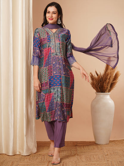 Ethnic Printed & Embroidered Straight Fit Kurta with Pant & Dupatta - Purple