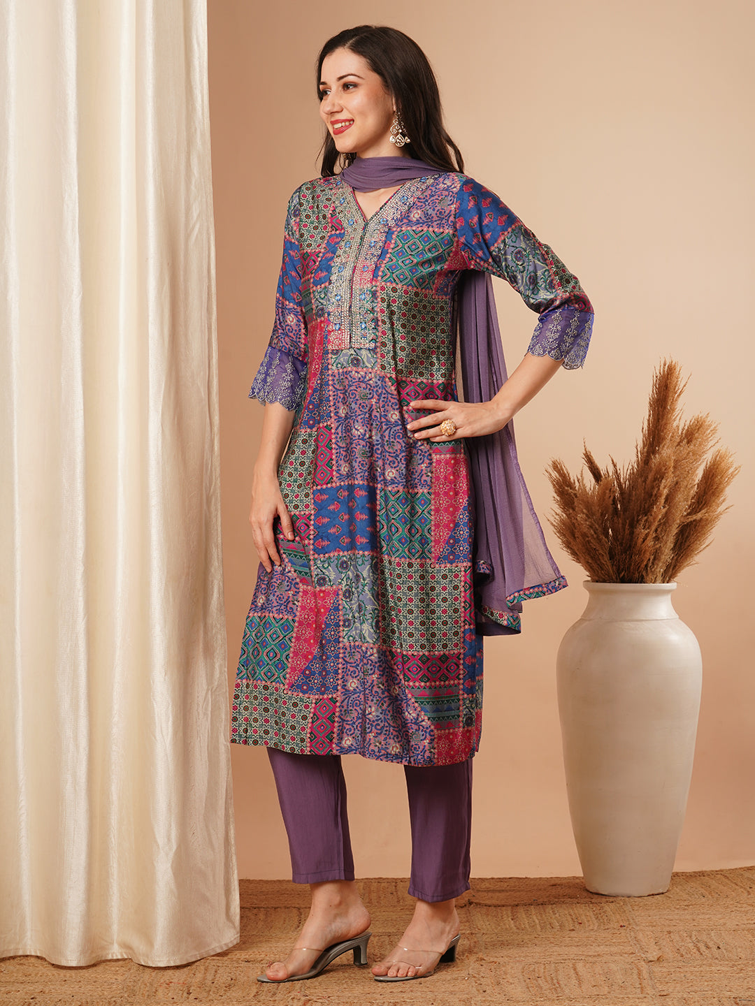 Ethnic Printed & Embroidered Straight Fit Kurta with Pant & Dupatta - Purple